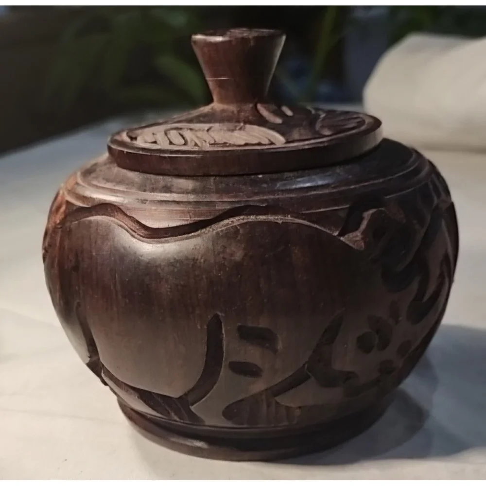 Vintage African Wooden Spice Jar Round Handmade Elephants Approx. 3